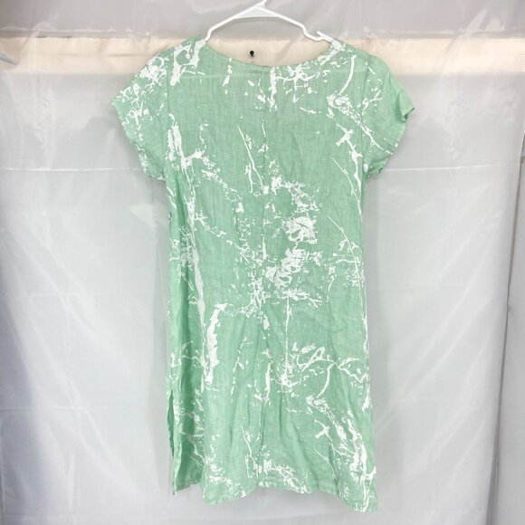 Lands Downunder Women S 100% Linen Dress Italy Green Abstract Print Side Slits - Picture 3 of 9